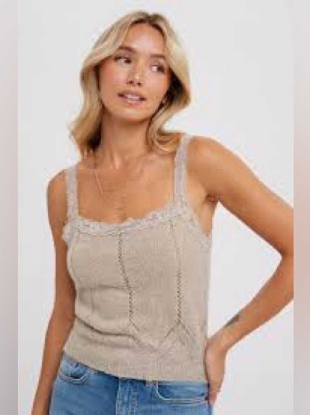 Bluivy Lace-Trim Knit Tank Top Wool Mohair Blend Taupe Medium